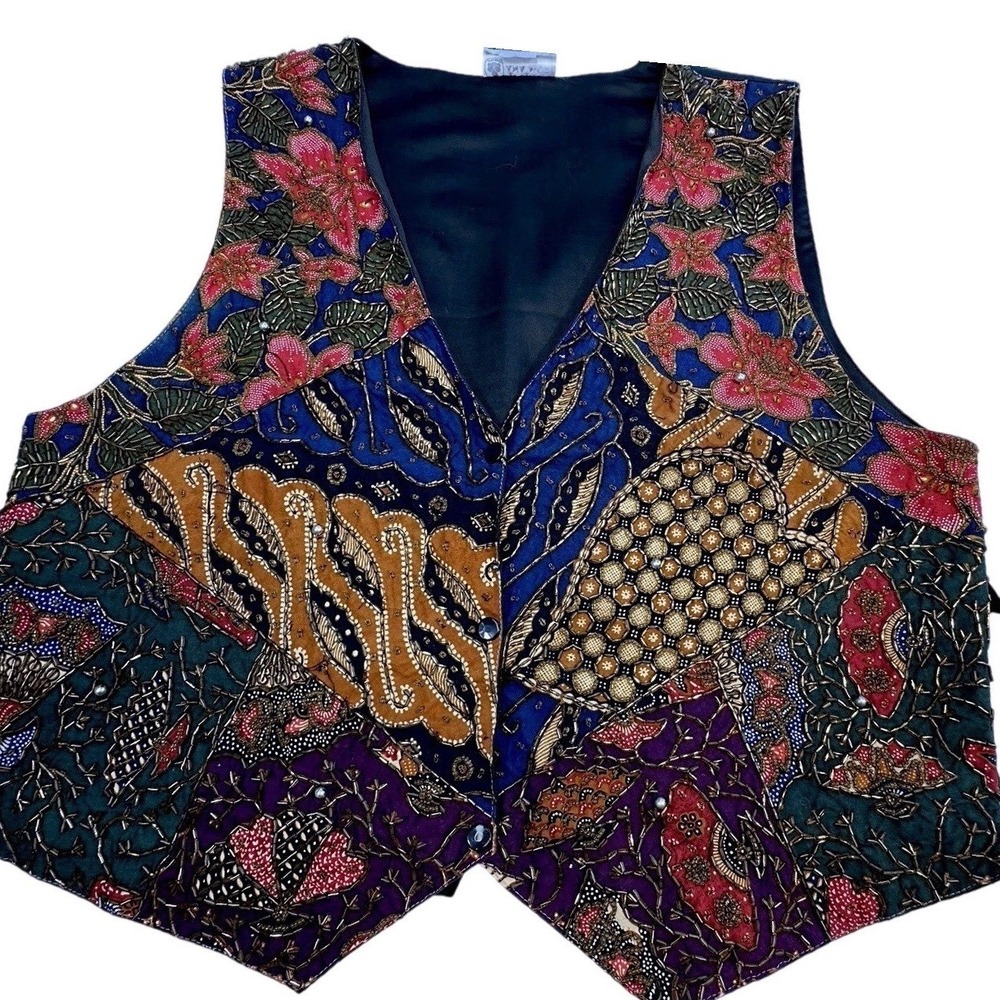 Ana Mori Vintage Batik Beaded Patchwork Vest Multicolor Boho Art to Wear OS